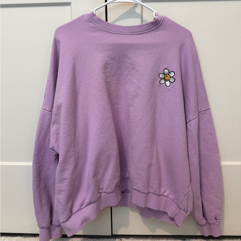Purple Crew Neck Sweater with Daisy Embroidery